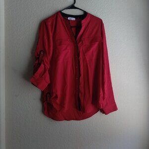Calvin Klein Red Button Down Shirt with Black Contrast Piping and Button Tab